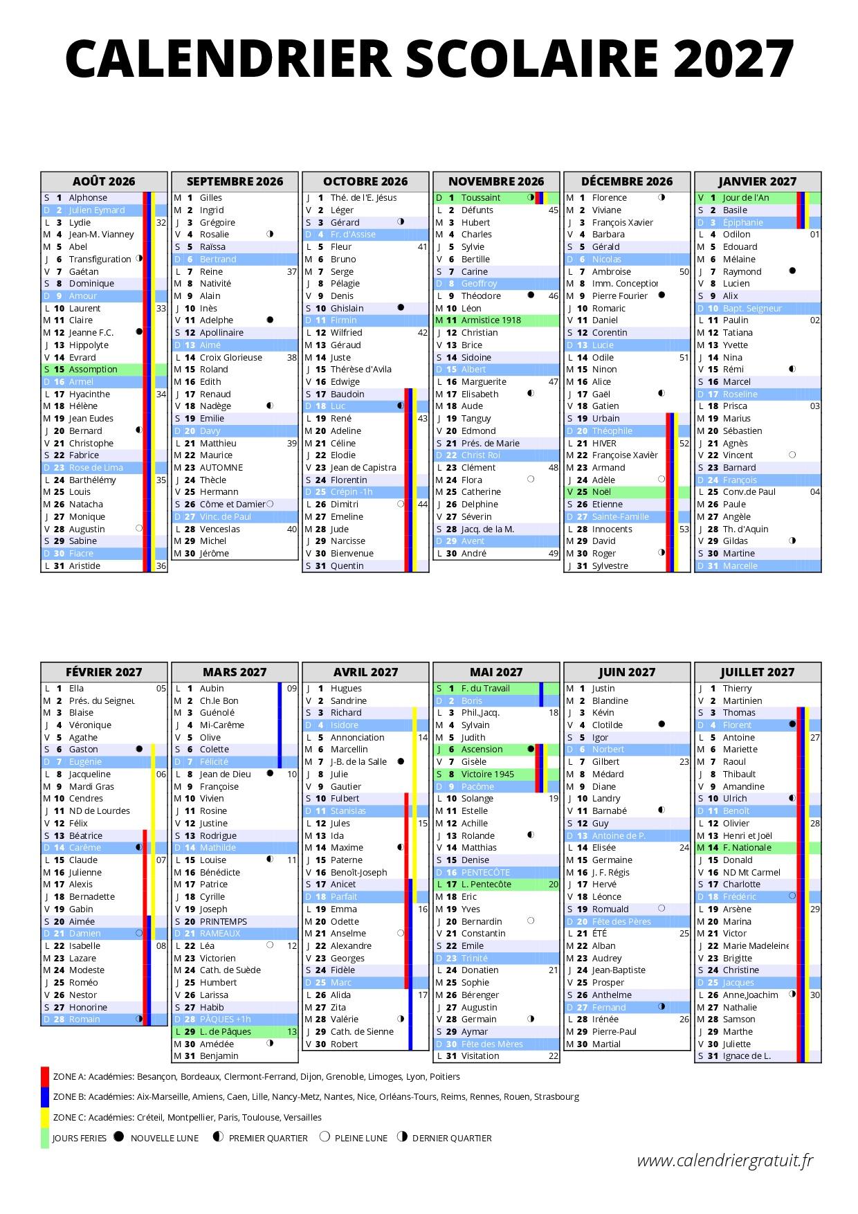 Calendrier scolaire 2027 p