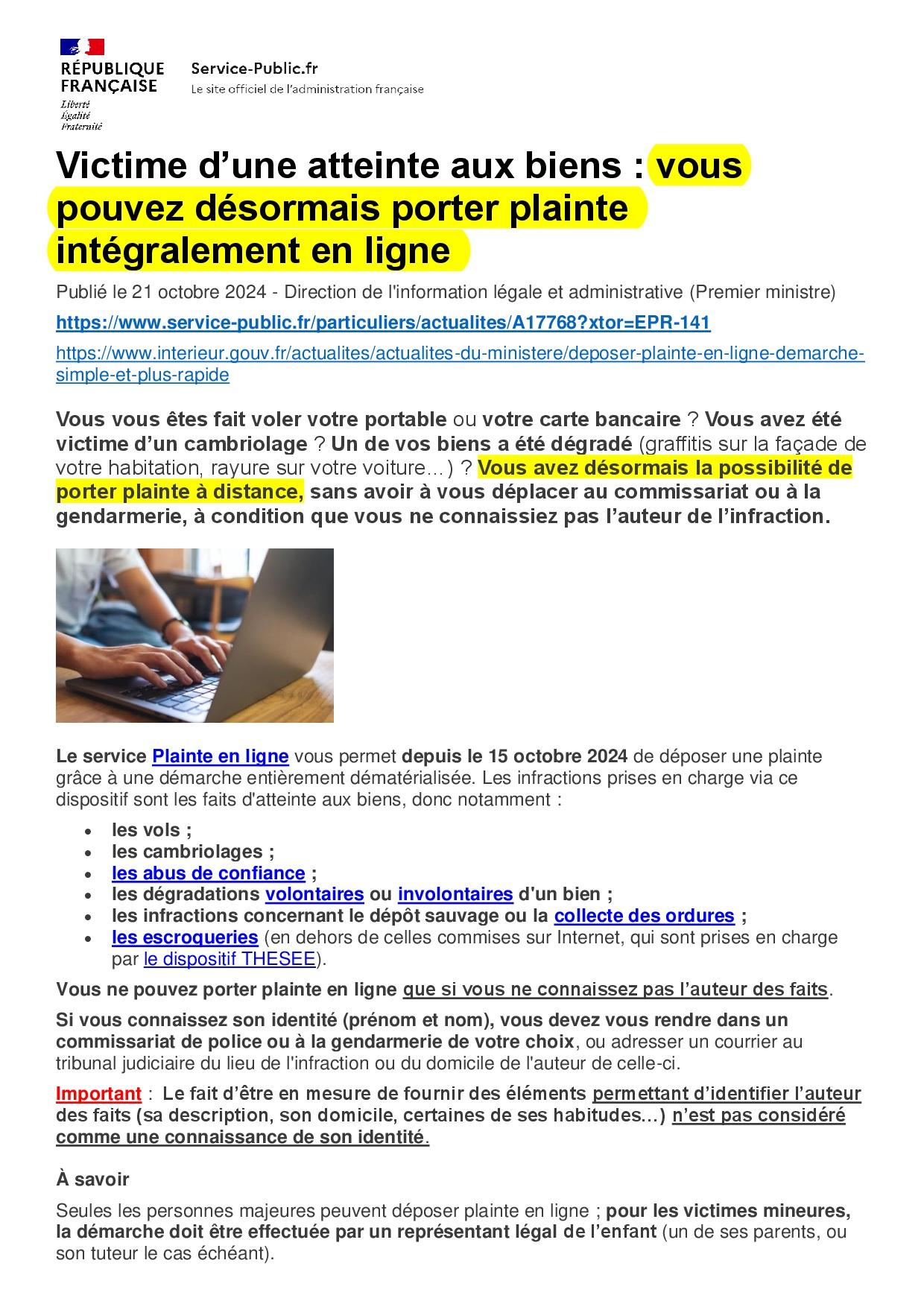 Porter plainte en ligne a compter du 15 10 2024 001