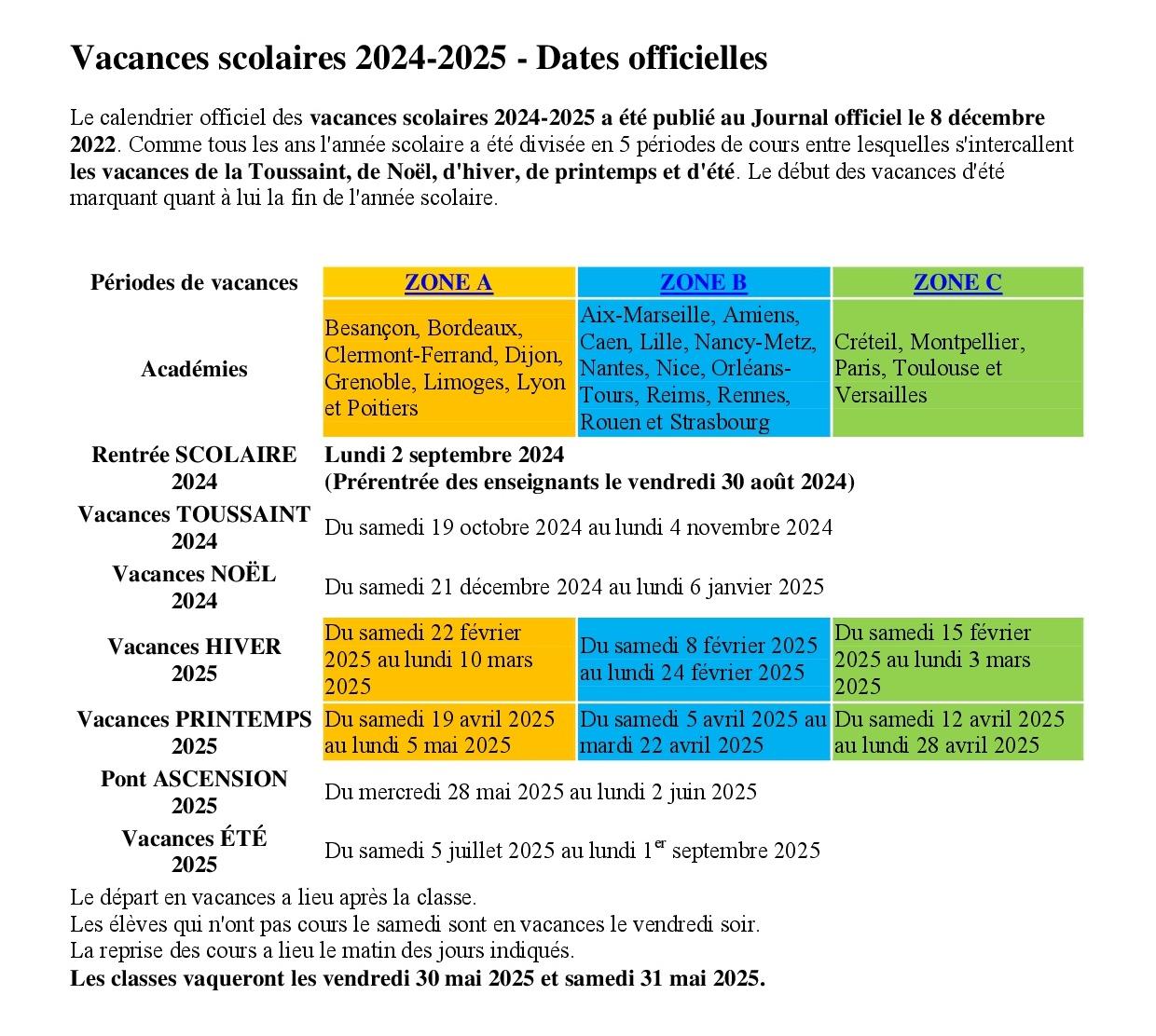 Vacances scolaires 2024